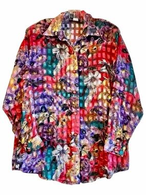 Vintage I & R Sheer Mesh Floral Button Up Blouse‎ Colorful Artsy Top Size M